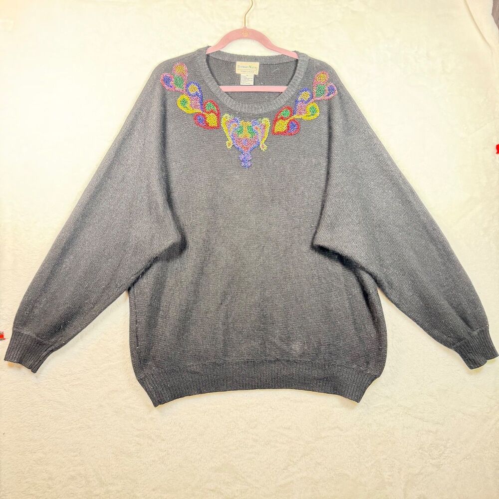 Vintage Boundary Waters Sweater 2X Silk Angora Wool Beaded Black Hong Kong